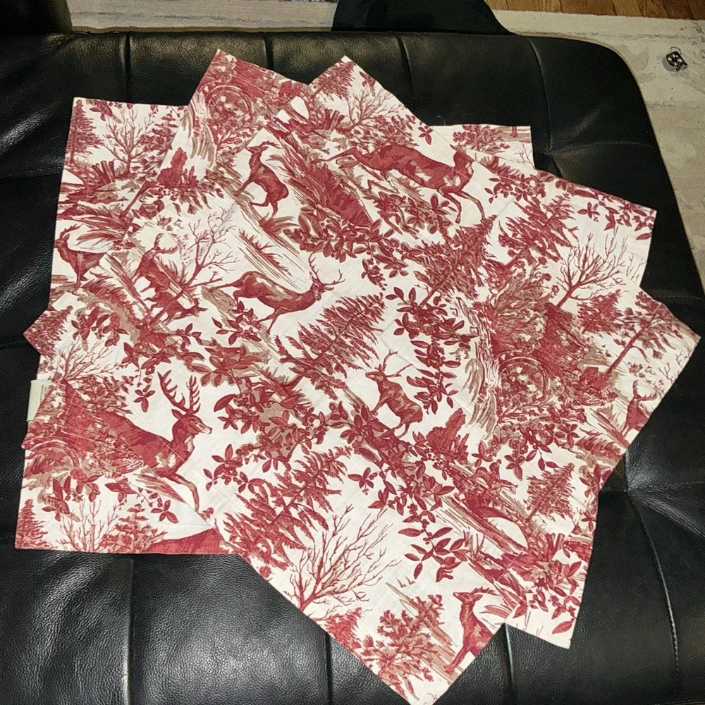 Pottery Barn Red Stag Alpine Toile Fabric Dinner Napkins Set of 3 Deer